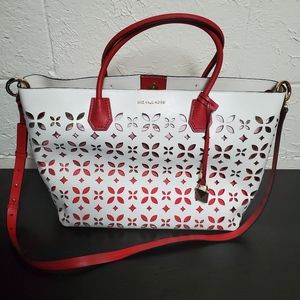 Michael Kors White & Red Scalloped Floral Cut Out Tote